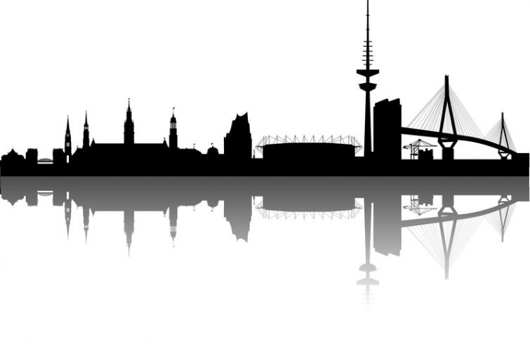 Silhouette von Hamburg, die die ikonischen Profile seiner Gebäude und modernen Strukturen zeigt, gespiegelt auf dem Wasser, als Symbol des historischen Erbes und der wirtschaftlichen Dynamik der Stadt.